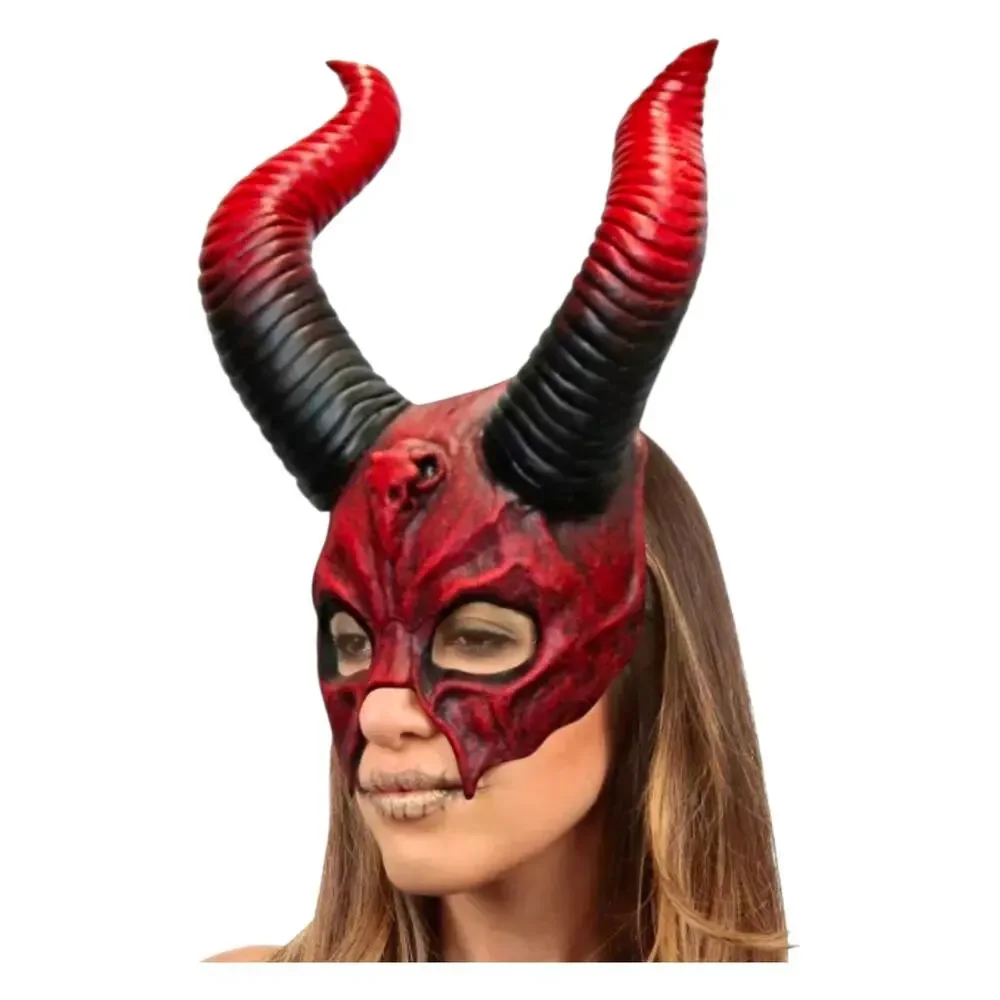 Devil Horn Half Mask Mythical Latex Face Horror Halloween Cosplay